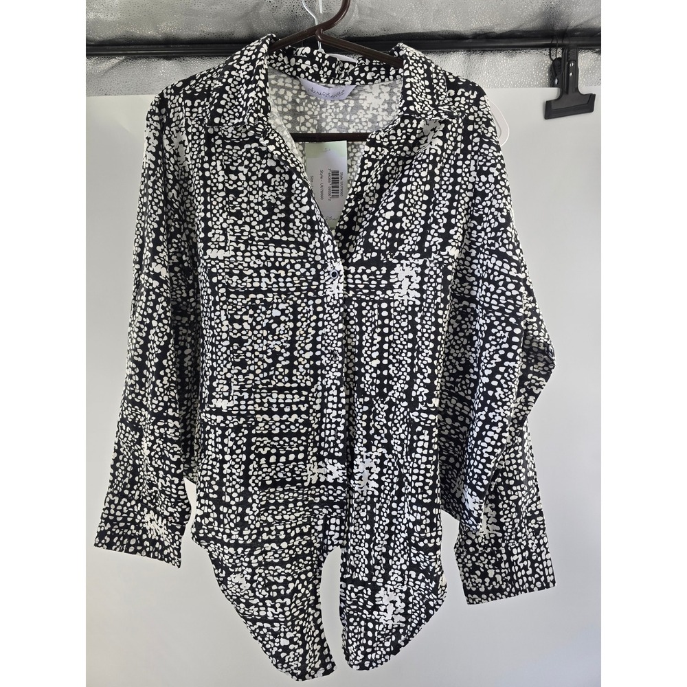 Keren Hart Womens Large Black White Abstract Dot Tie Front Blouse UU78060 NWT‎